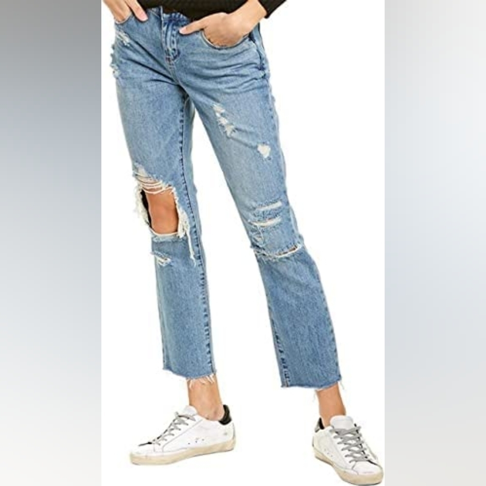 Blank NYC Women 26 The Ludlow Light Wash Distressed Girlfriend Crop Denim Jeans